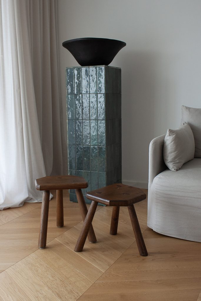 French Primitive dark wood stool