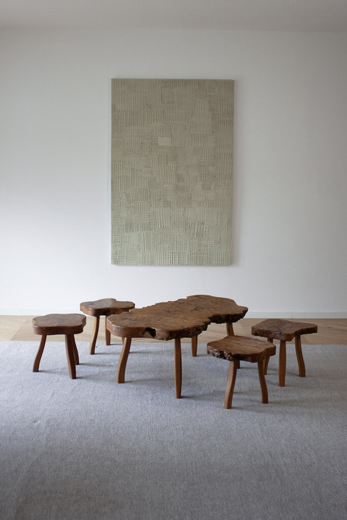 set of 4 french primitive burlwood stools and table