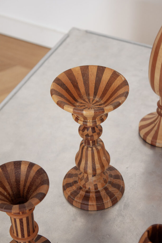 Set of 7 french Decorative Hand Turned Wood Two Toned Striped sculptures