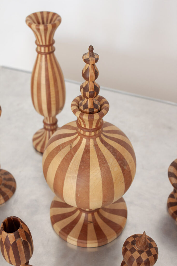 Set of 7 french Decorative Hand Turned Wood Two Toned Striped sculptures