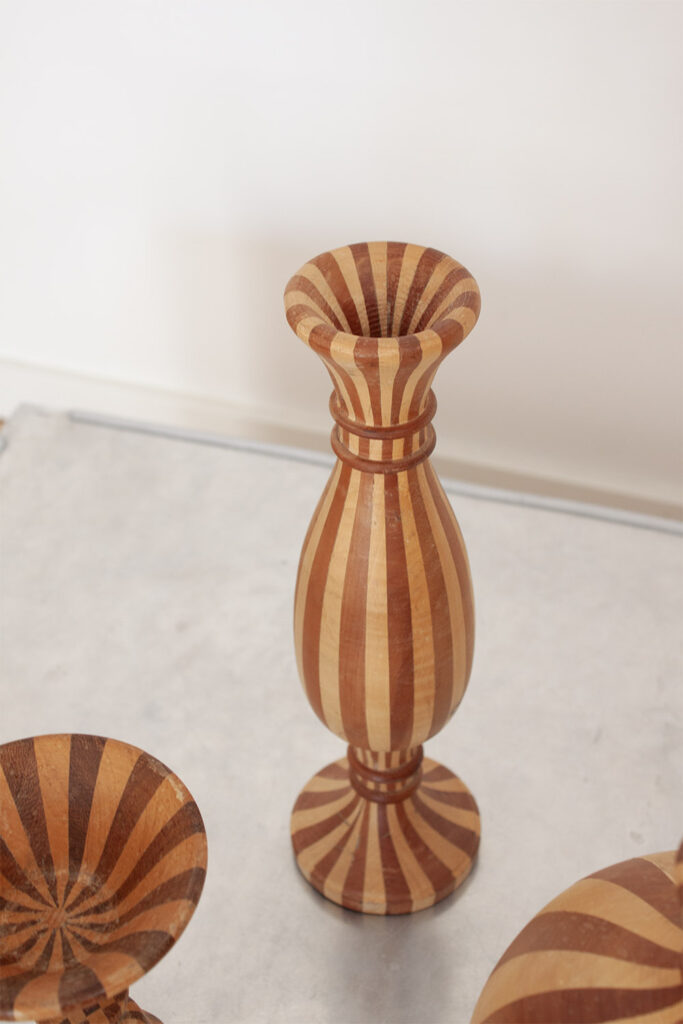 Set of 7 french Decorative Hand Turned Wood Two Toned Striped sculptures