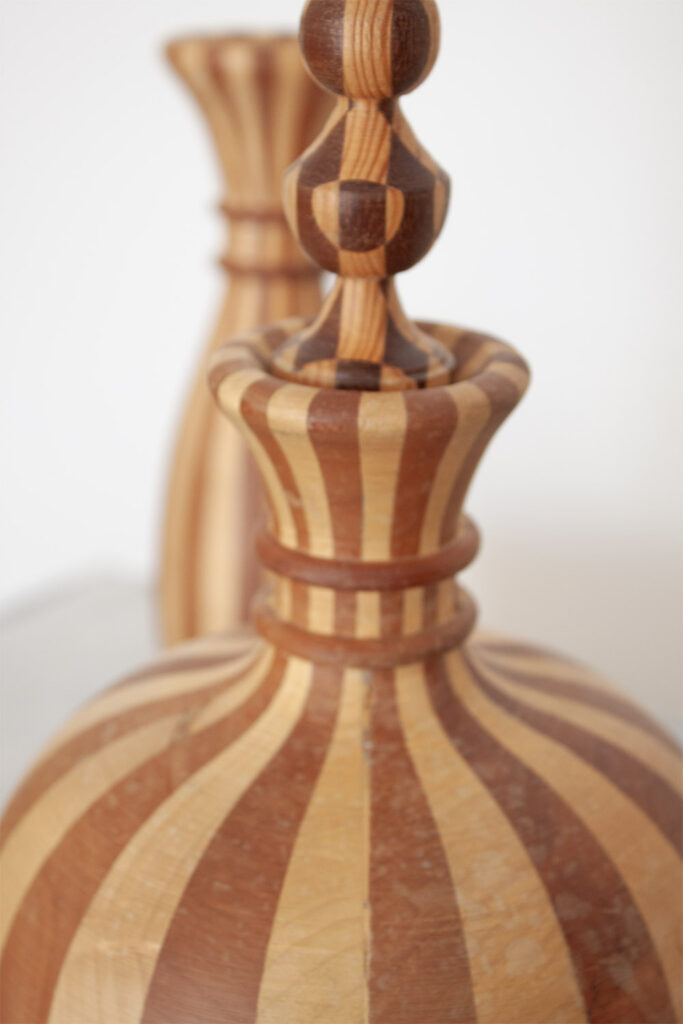 Set of 7 french Decorative Hand Turned Wood Two Toned Striped sculptures