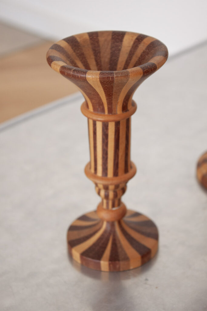 Set of 7 french Decorative Hand Turned Wood Two Toned Striped sculptures