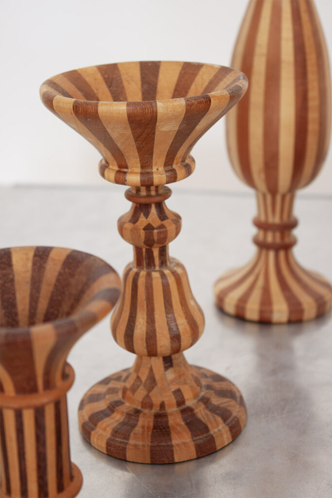 Set of 7 french Decorative Hand Turned Wood Two Toned Striped sculptures