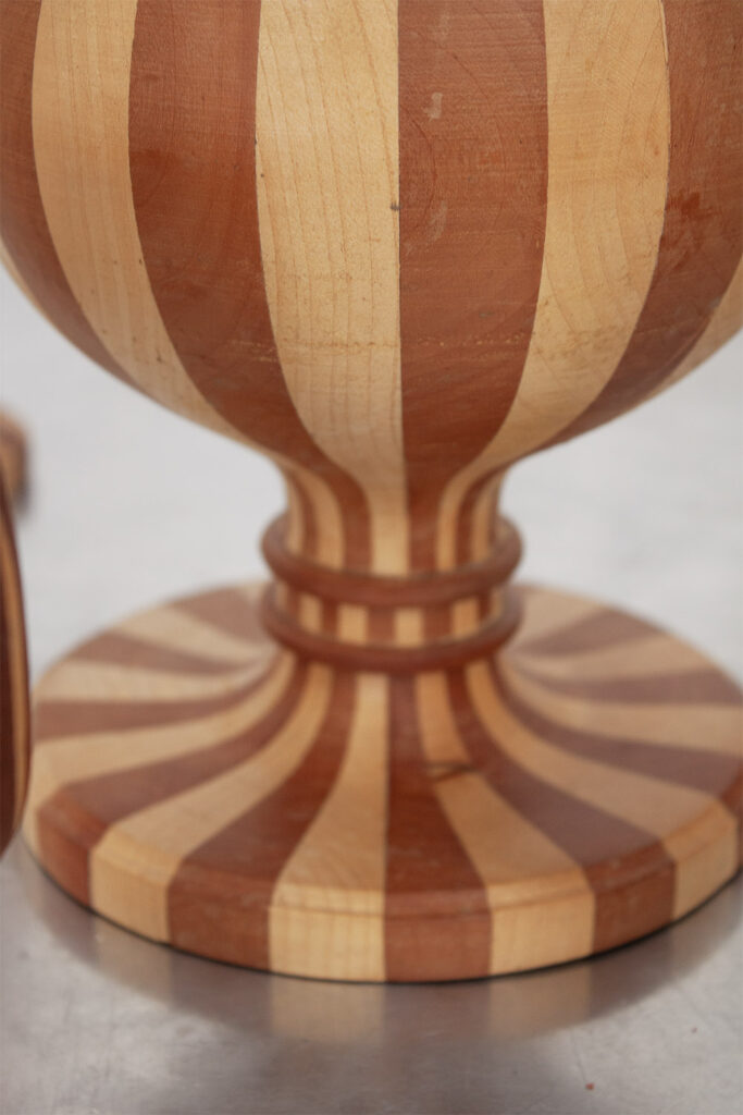 Set of 7 french Decorative Hand Turned Wood Two Toned Striped sculptures