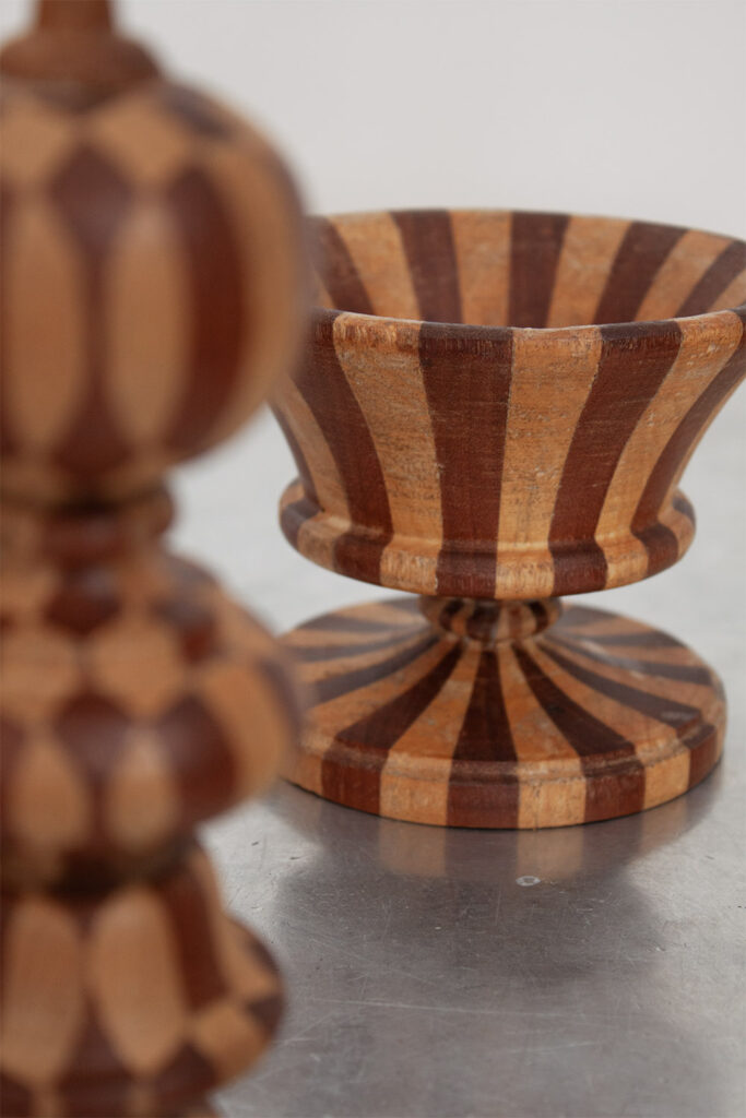 Set of 7 french Decorative Hand Turned Wood Two Toned Striped sculptures