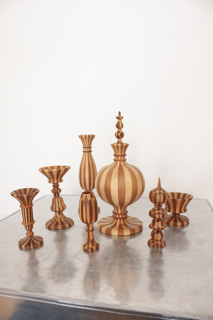 Set of 7 french Decorative Hand Turned Wood Two Toned Striped sculptures