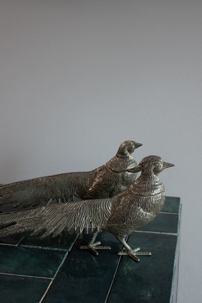 set of french silver bird sculpture