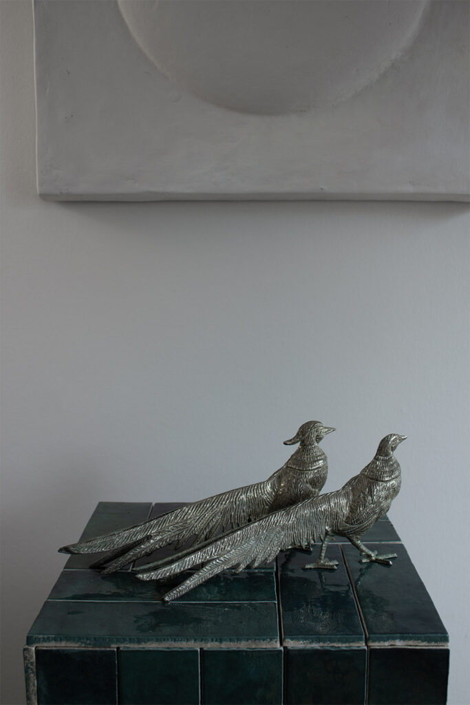 set of french silver bird sculpture