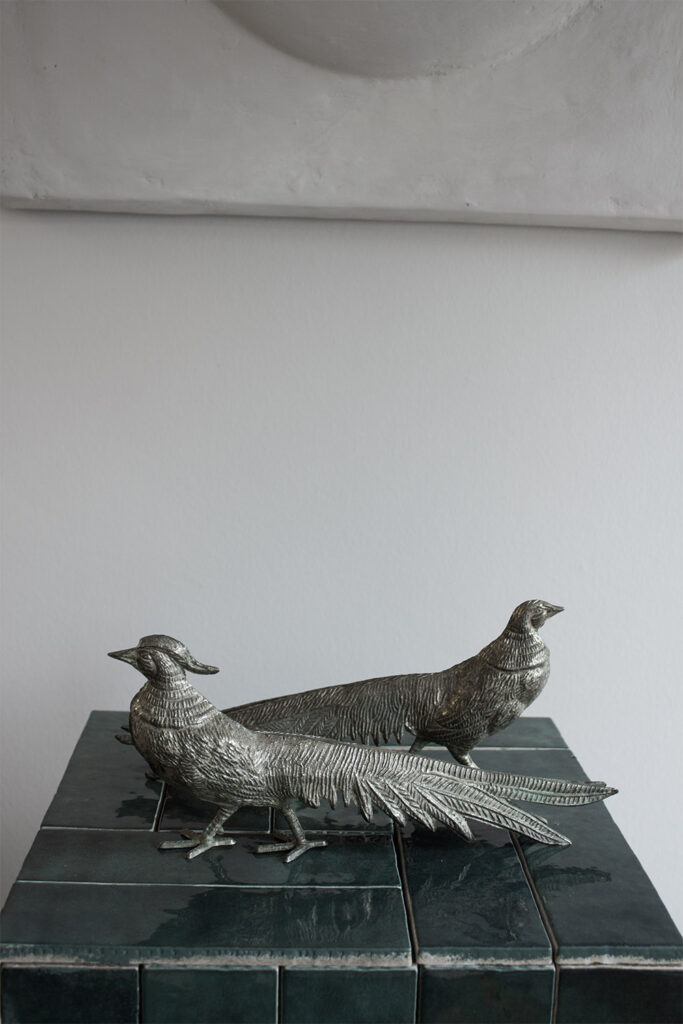 set of french silver bird sculpture
