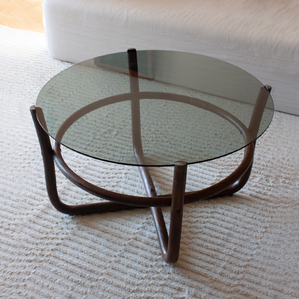 round bohemian vintage bamboo and glass table